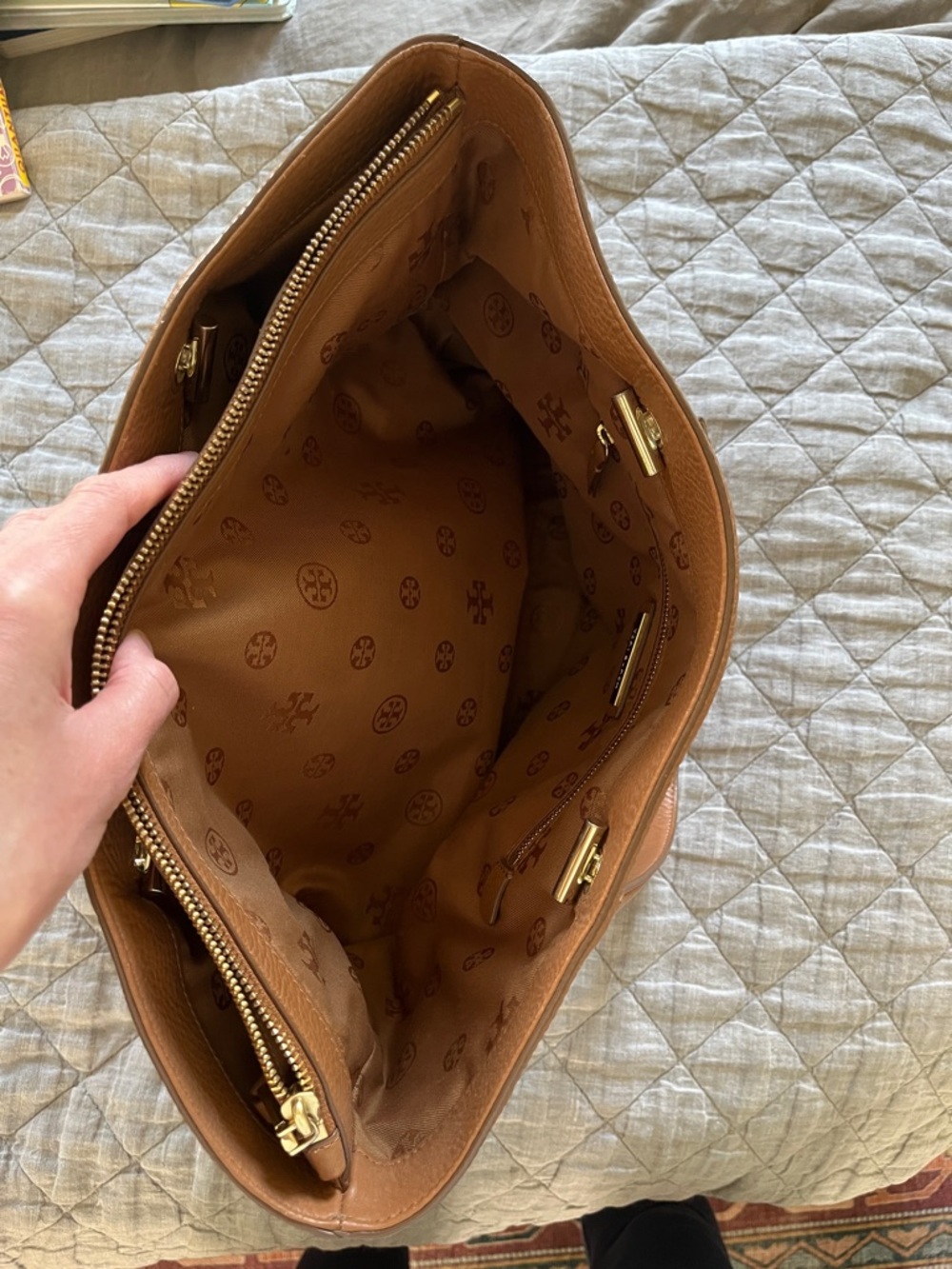 Tory Burch Cognac Pebbled Leather Tote with Gold Logo - Picture 3 of 5